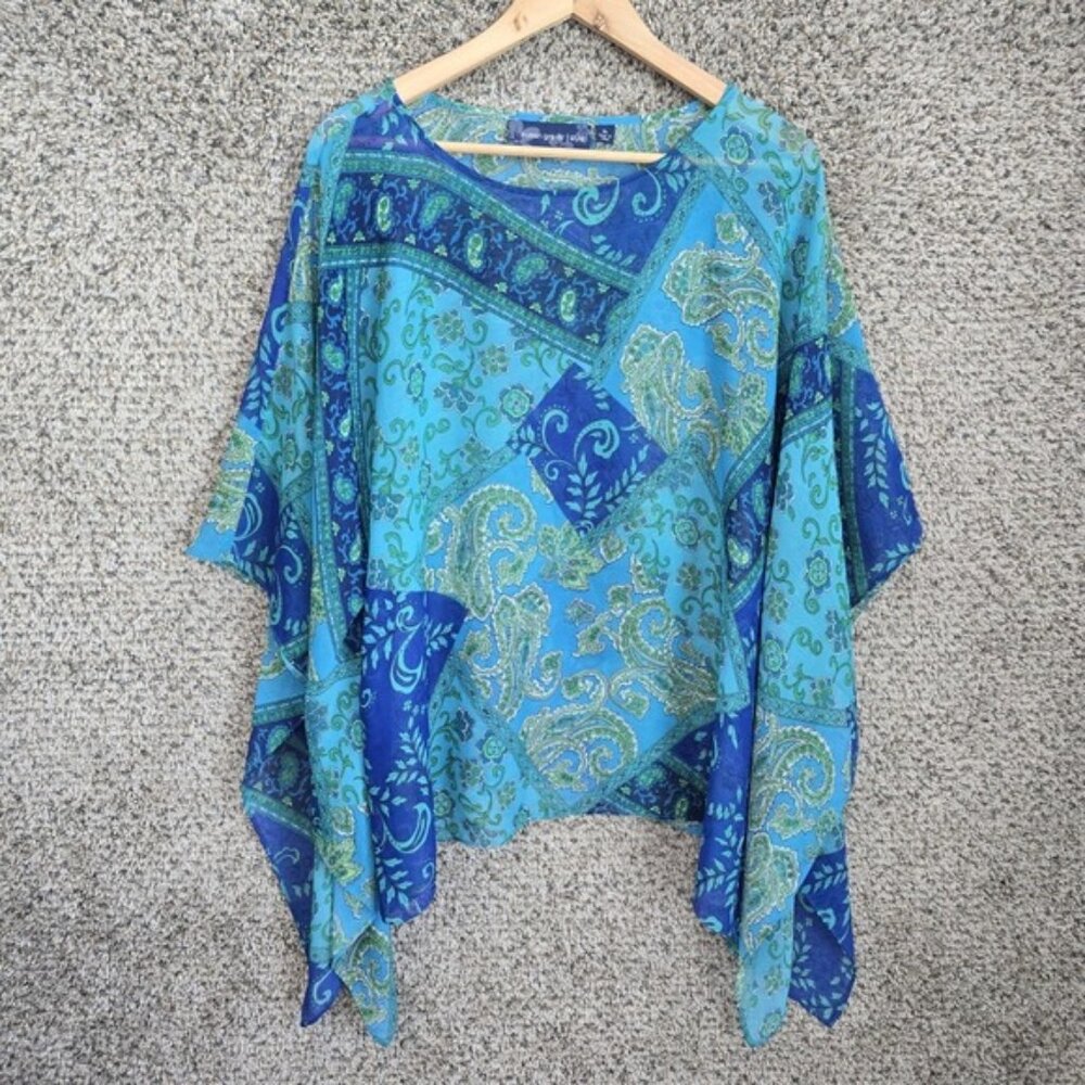 Susan Graver Top Womens XL Blue Paisley Print Blouse Sheer Poncho Casual Ladies